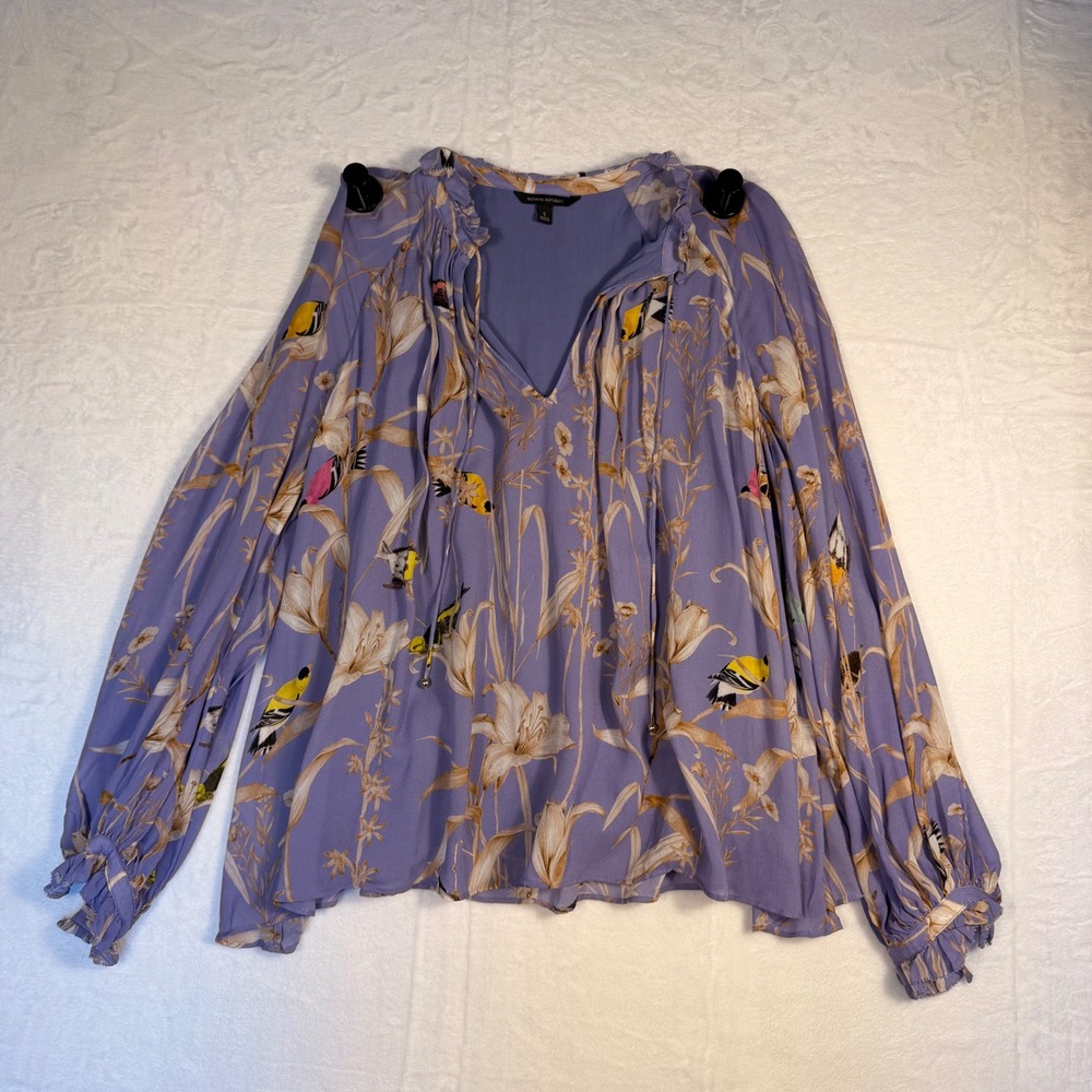 Banana Republic Purple Bird Floral Print Blouse Tie Neck Long Sleeve Size S